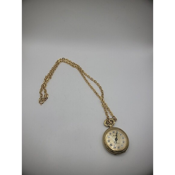 Vintage Arnex Watch Necklace Gold Tone Chain Incabloc Roman Numerals Hand Wound - Picture 2 of 11
